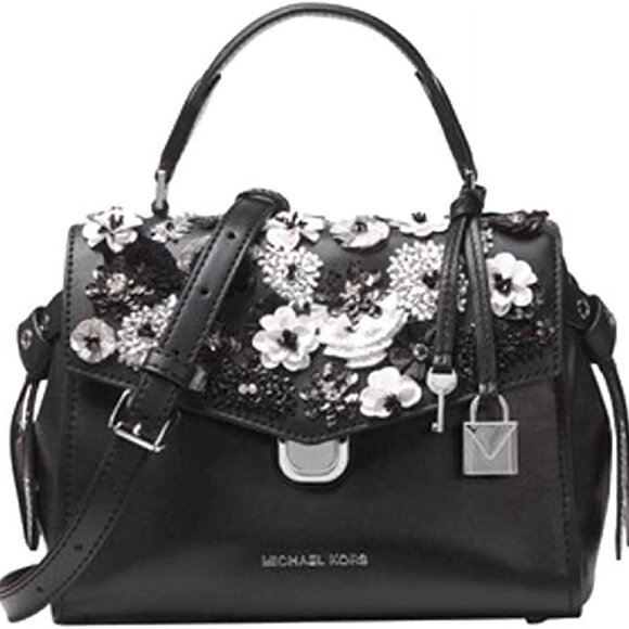 Michael Kors Handbags - NWT Michael Kors Leather Bristol Embellish Floral Satchel, Black, White, Silver